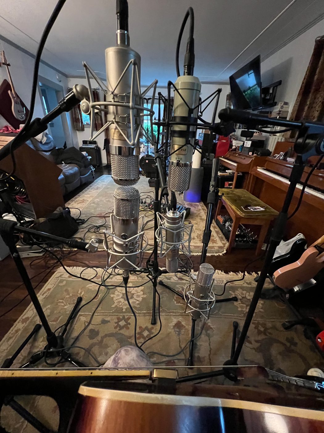 Tube, ribbon and condenser microphones set up in the live room
